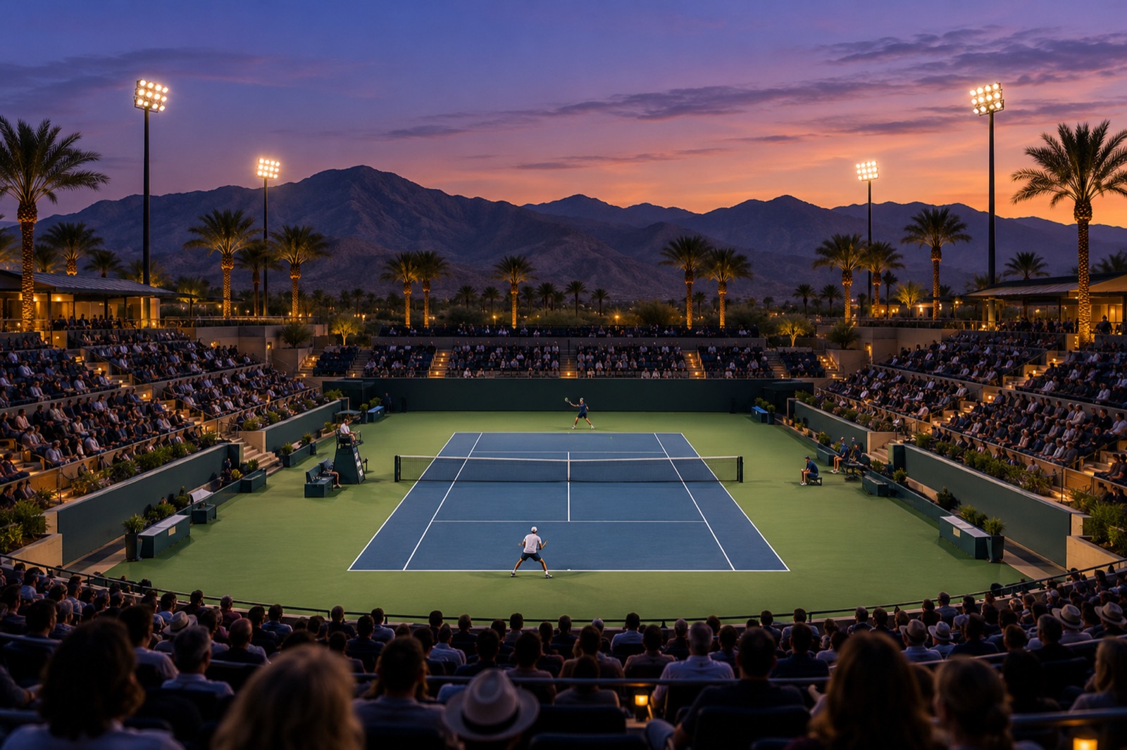 A night match in a packed tennis stadium under floodlights, palms and mountains silhouetted against a pink and purple sky