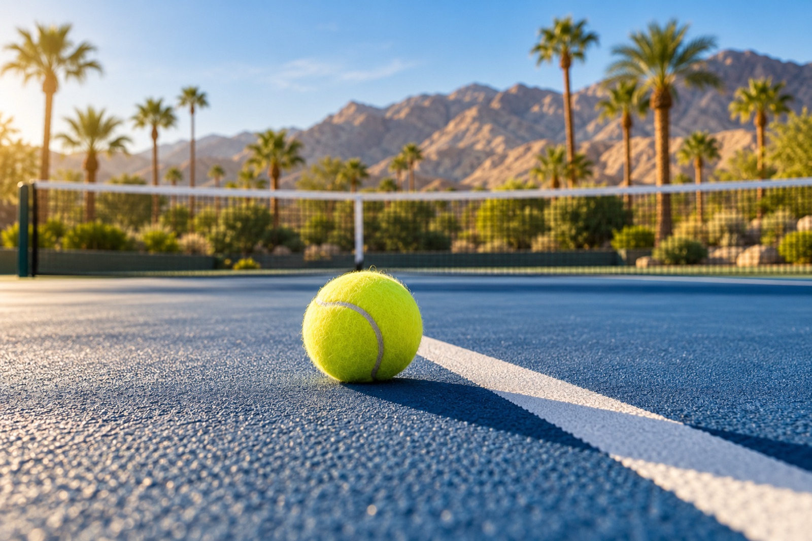 A tennis ball on a blue hard court beside the baseline, with the net, fan palms and desert mountains behind