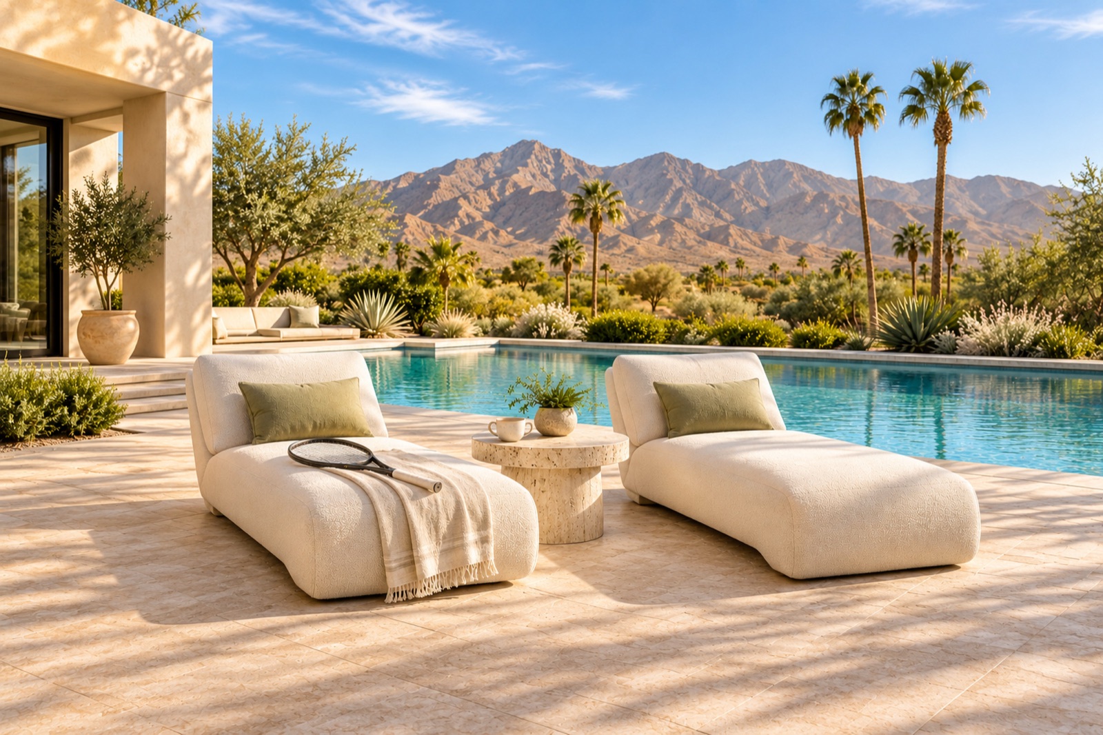 Two cream loungers by a pool with a tennis racquet on a towel, olive trees, agave, fan palms and desert mountains beyond