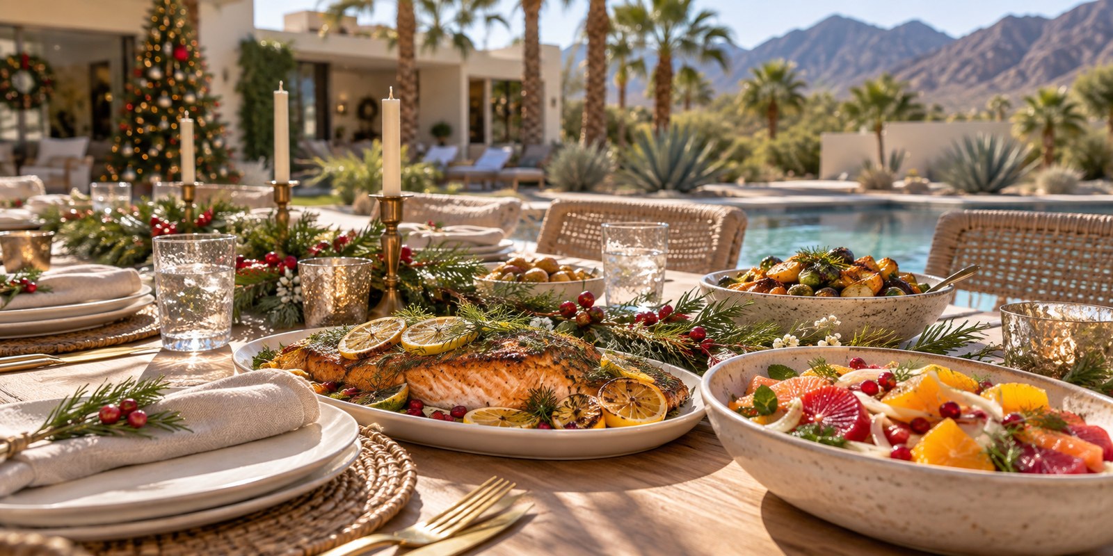 An outdoor Christmas lunch by the pool with roast salmon, citrus salad, linen napkins and festive greenery