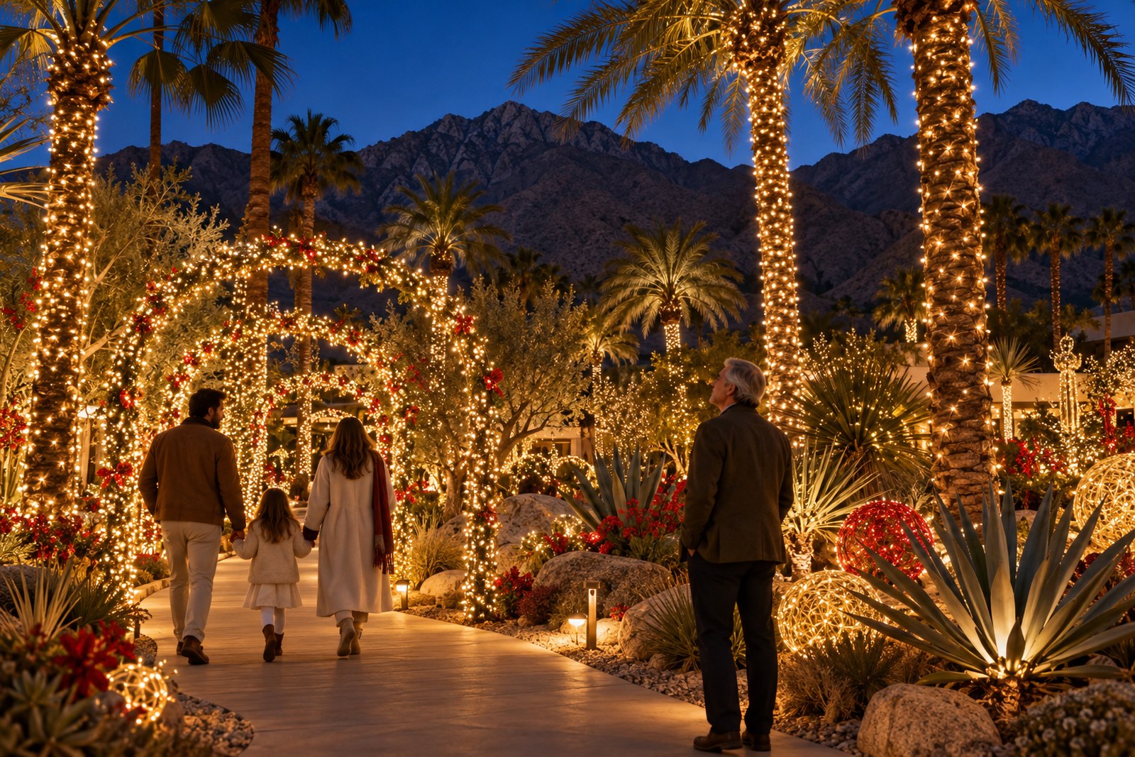 A family walking beneath glowing holiday arches and light-wrapped palms at twilight, mountains behind