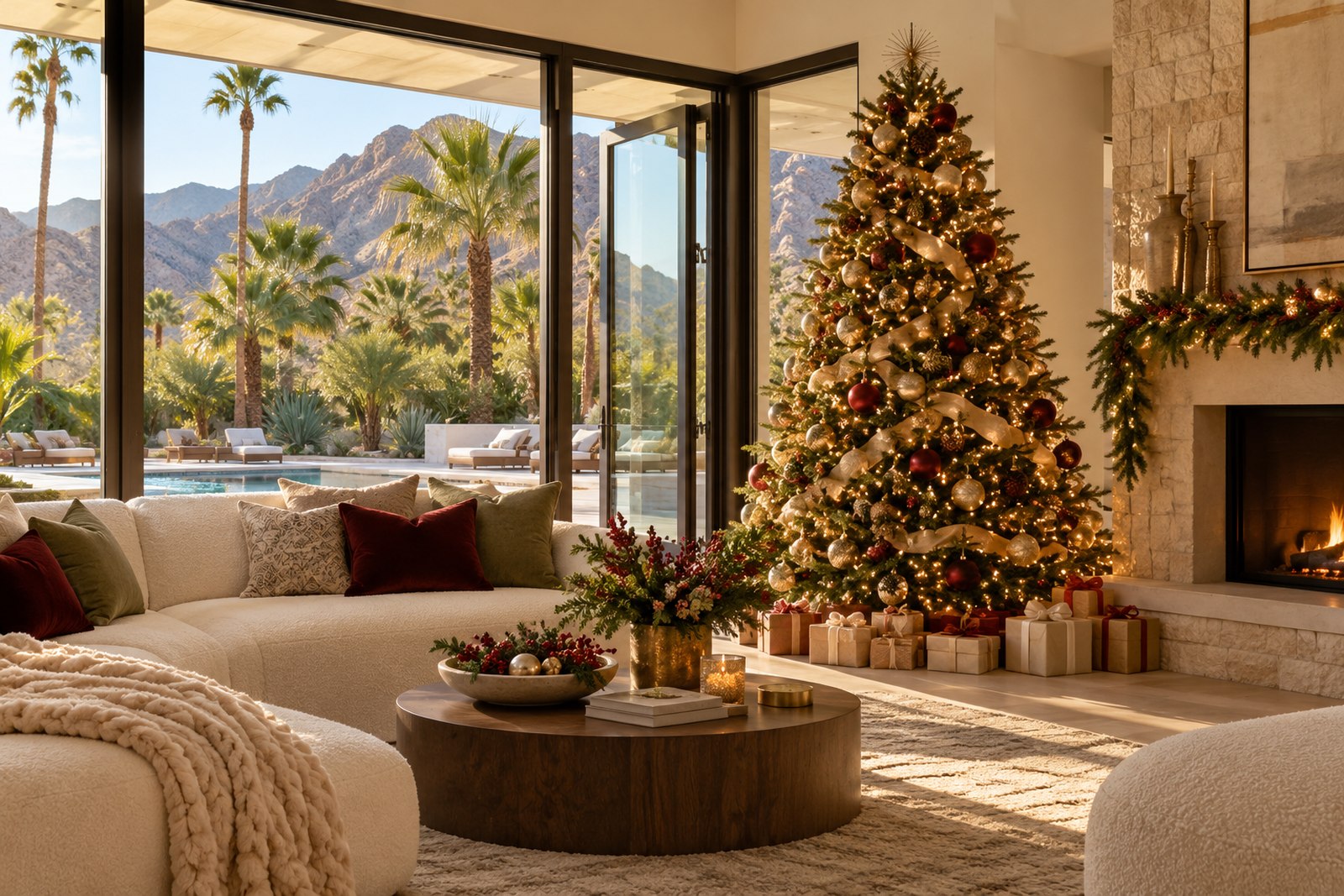 A Christmas tree with warm lights and gifts beside a fireplace in a modern desert living room, mountains and palms beyond the glass