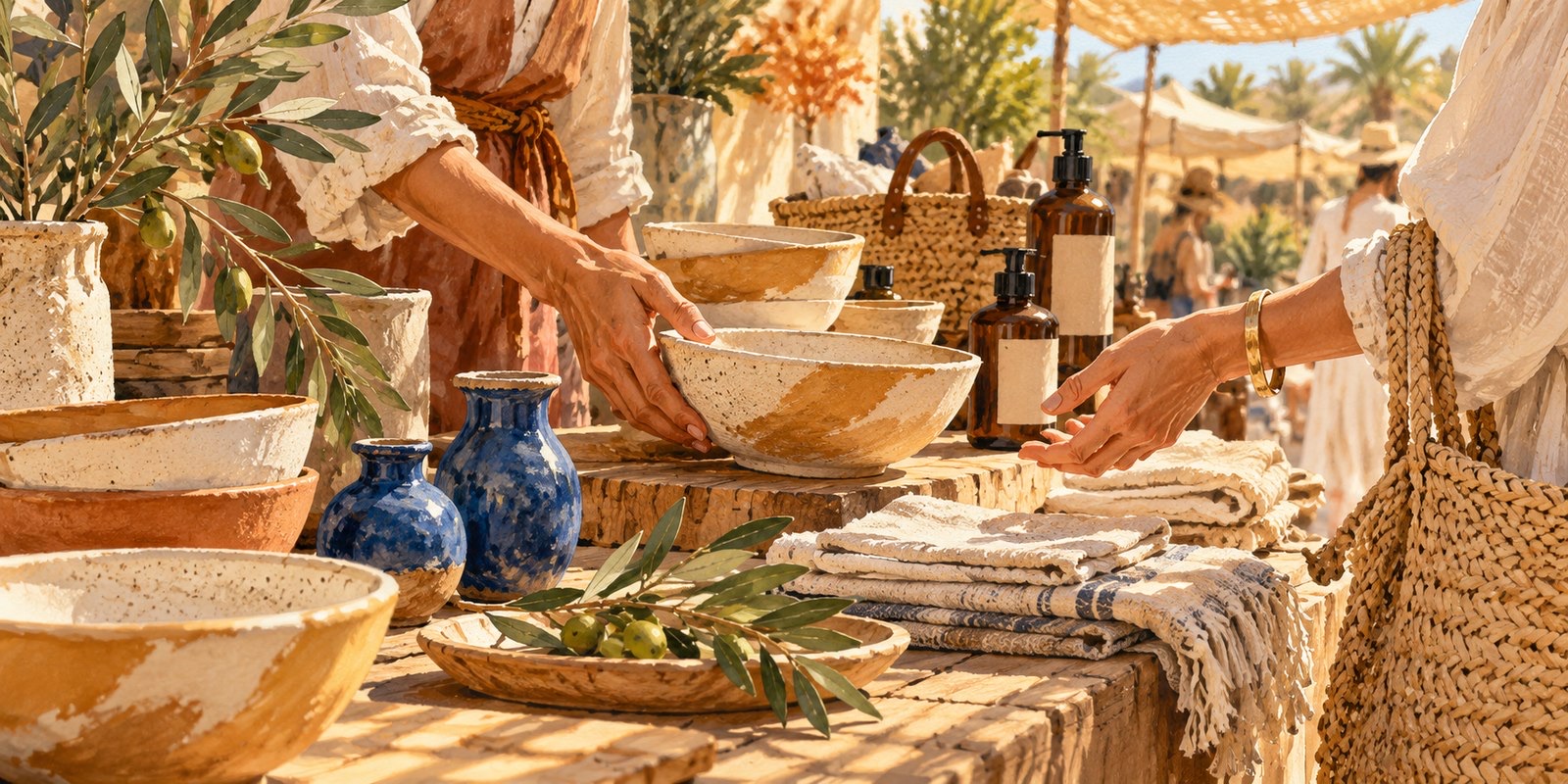 Hands passing a handmade ceramic bowl across a market table with blue vases, woven bags and amber refill bottles