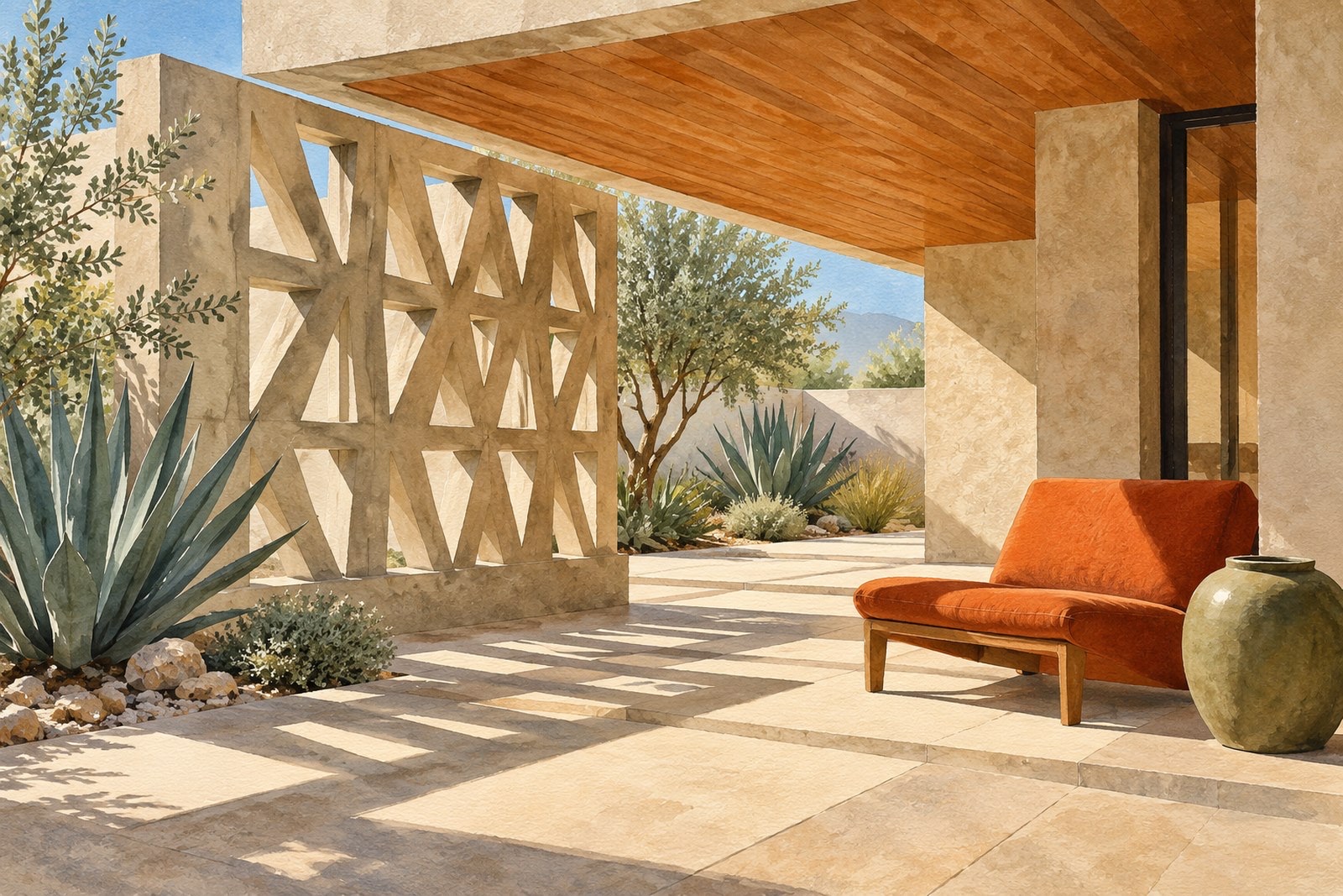 A sunlit desert-modern terrace with a geometric concrete screen, a timber ceiling, agaves and an orange lounge chair