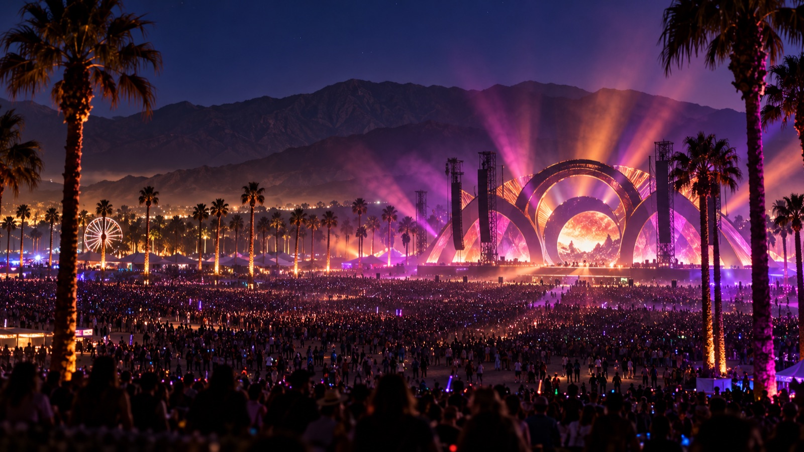 Crowd at night before a lit arch stage at the Empire Polo Club, palms and the Santa Rosa mountains behind