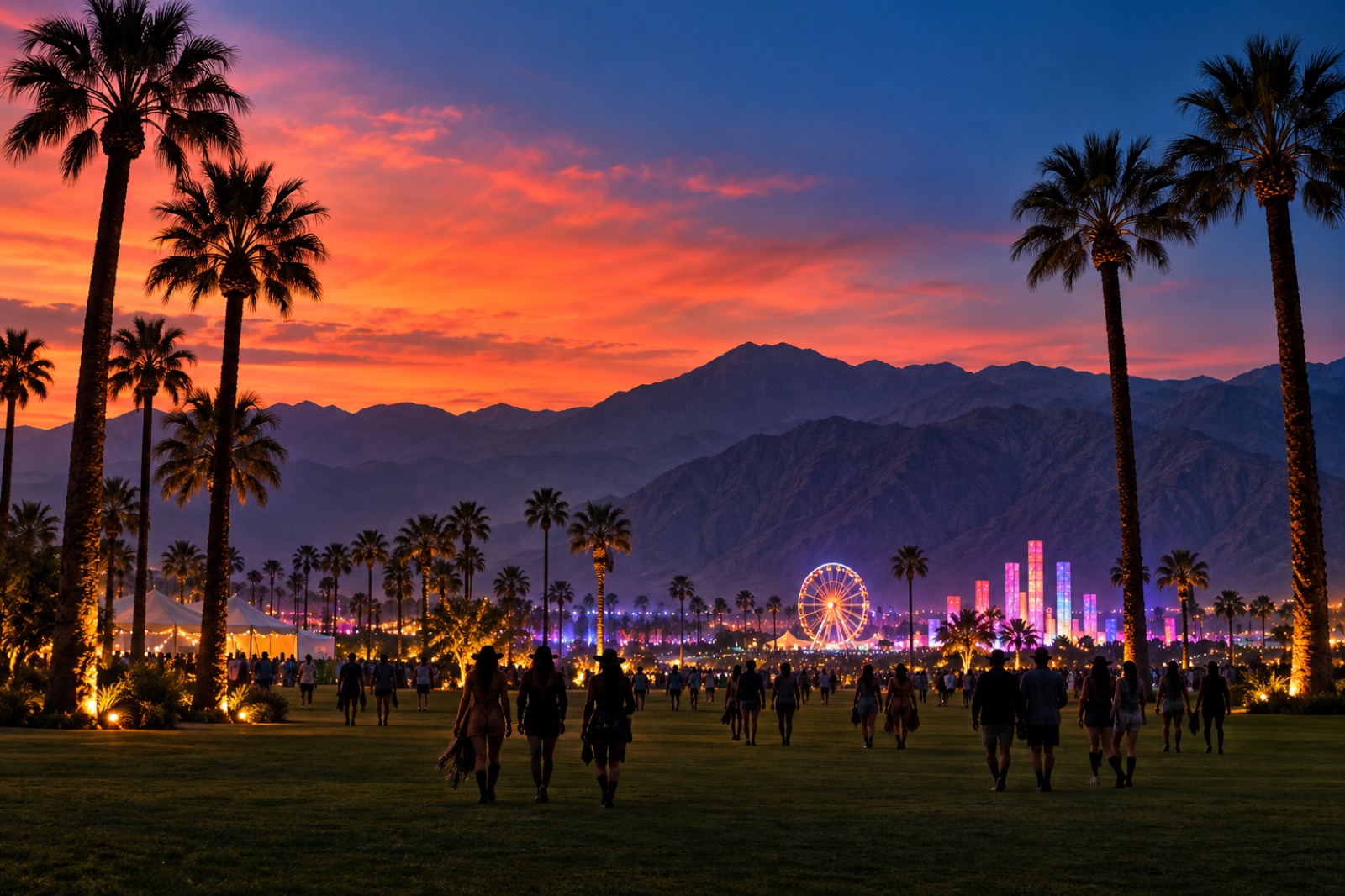 Festivalgoers walking across a palm-lined lawn at sunset with the mountains and a lit ferris wheel ahead