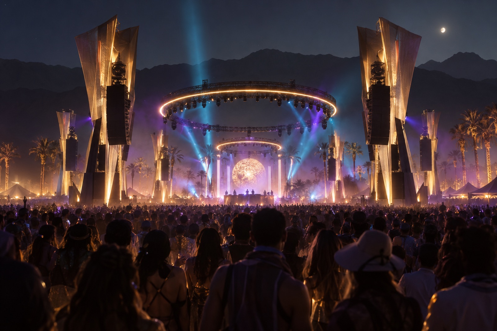 Main stage with sculptural speaker towers and beams of light over a dense crowd