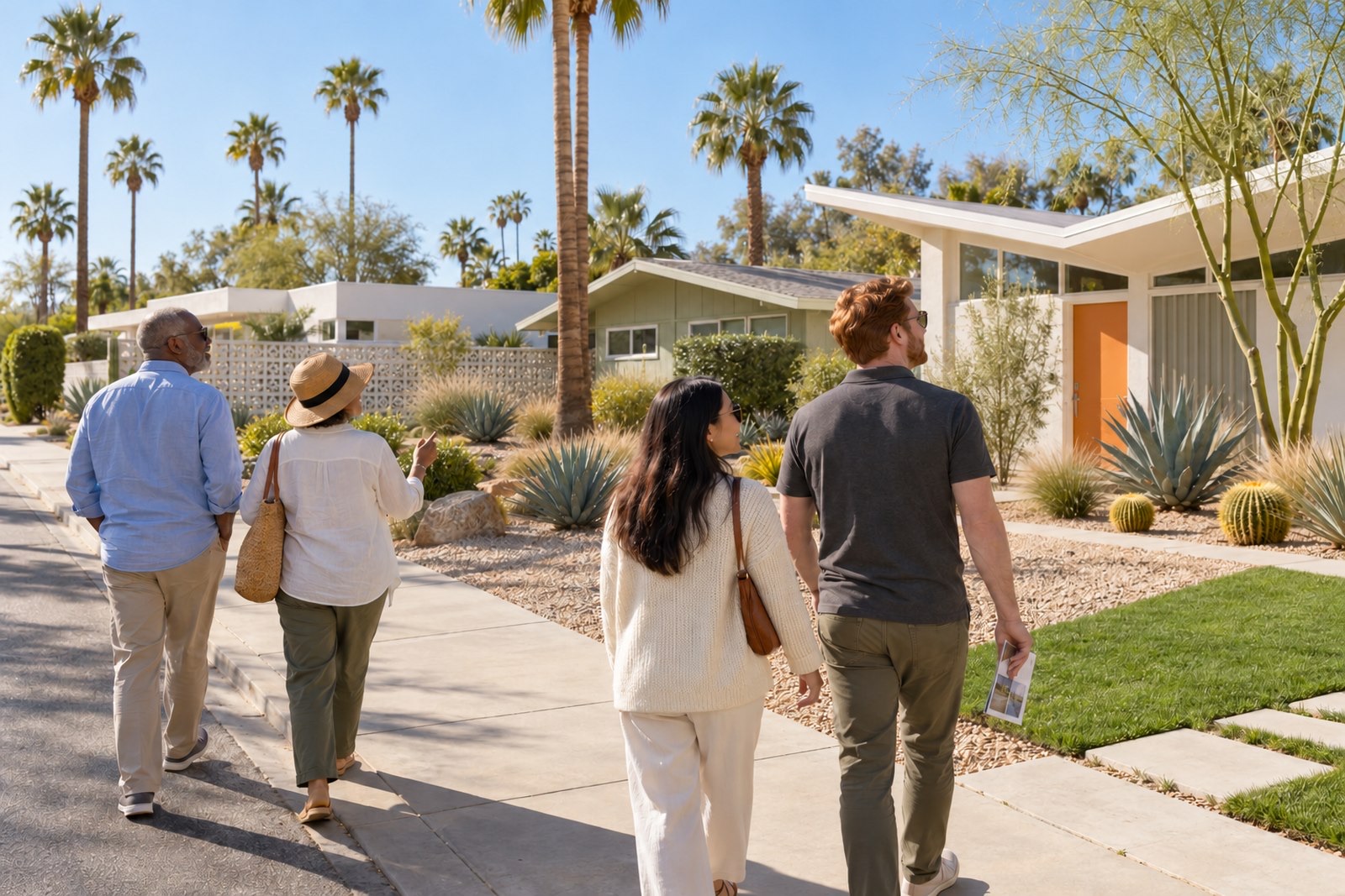 Four people walking a Palm Springs sidewalk past midcentury houses, agave, barrel cactus and tall fan palms