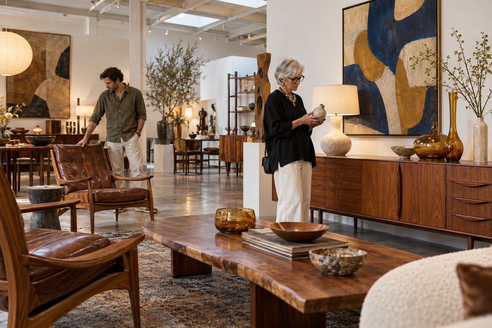 A vintage design showroom with walnut credenzas, leather lounge chairs, sculptural lighting and two people browsing