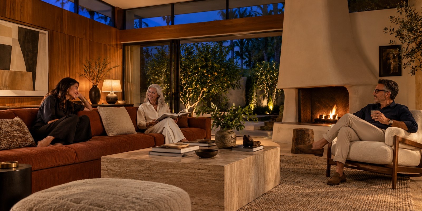 Friends relaxing at dusk in a modernist living room with walnut paneling, a plaster fireplace and a lit garden beyond the glass