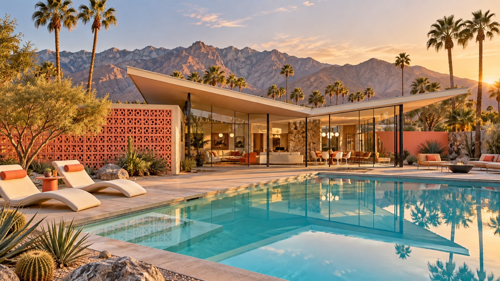 A butterfly-roofed Palm Springs house at sunset, breeze-block screen and turquoise pool with the San Jacinto mountains behind