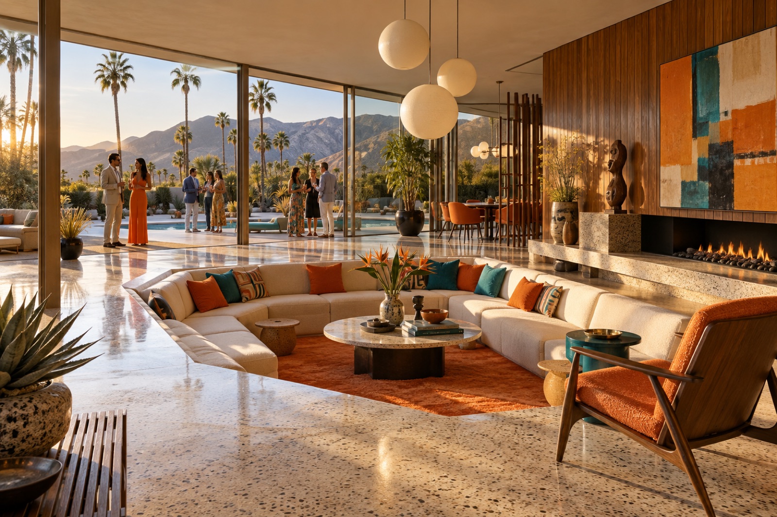 Midcentury Palm Springs living room with a sunken conversation pit, terrazzo floor and full-height glass onto a pool and mountains