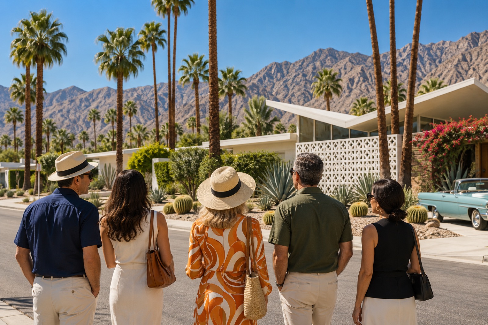 A small tour group on a Palm Springs street looking at a butterfly-roofed house with a breeze-block screen and a vintage car in the drive