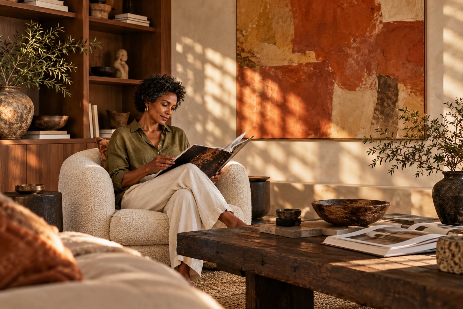 A woman reading an art book in an armchair in a warm desert living room with walnut shelves and an abstract painting