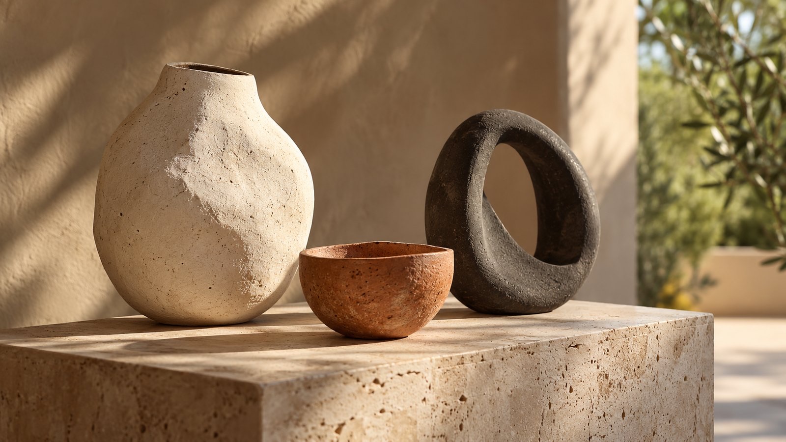 Handmade ceramic vessels in chalk, terracotta and charcoal on a sunlit travertine plinth