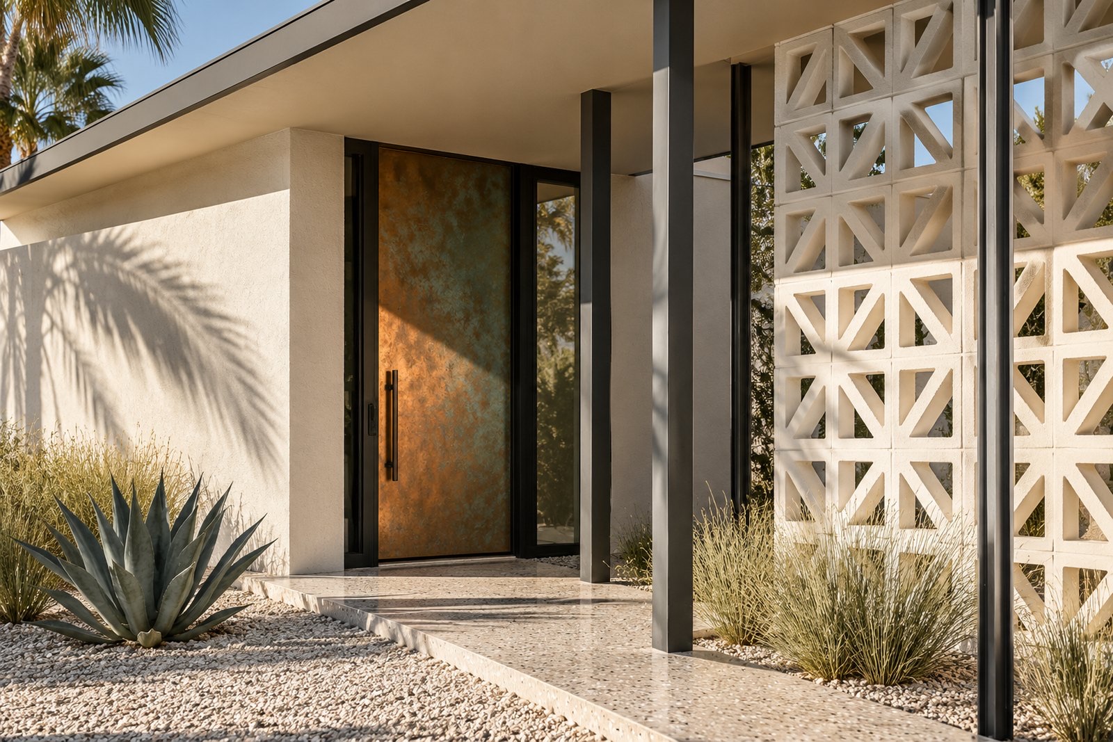 A desert-modern entrance with geometric breeze blocks, a deep roof overhang and an oxidized copper door