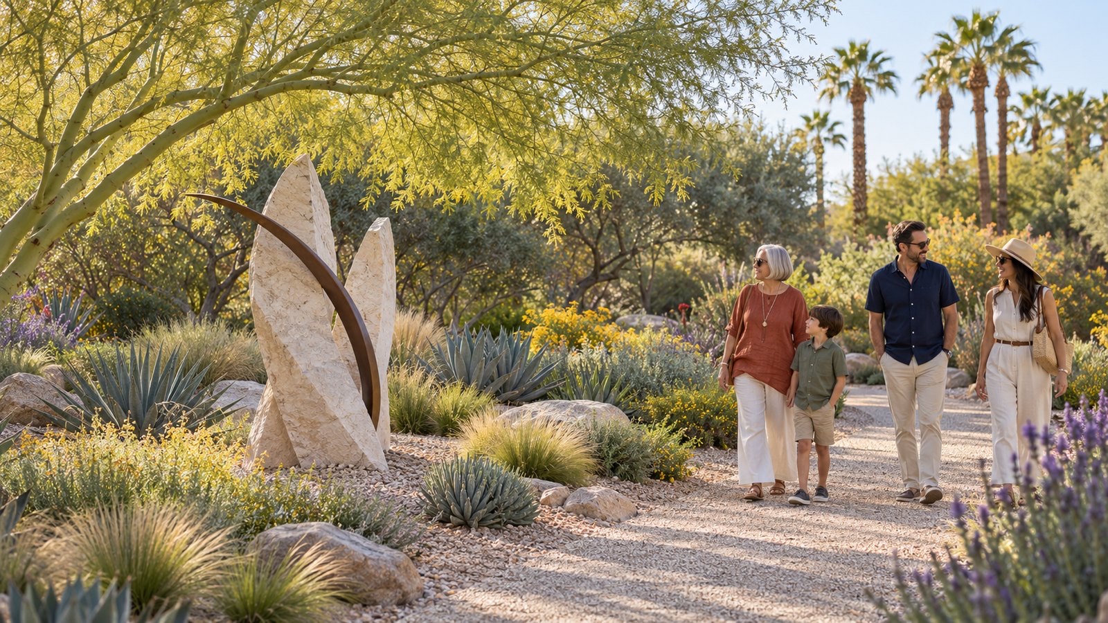 A family walking a gravel path past an abstract stone and bronze sculpture among agave, palo verde and lavender