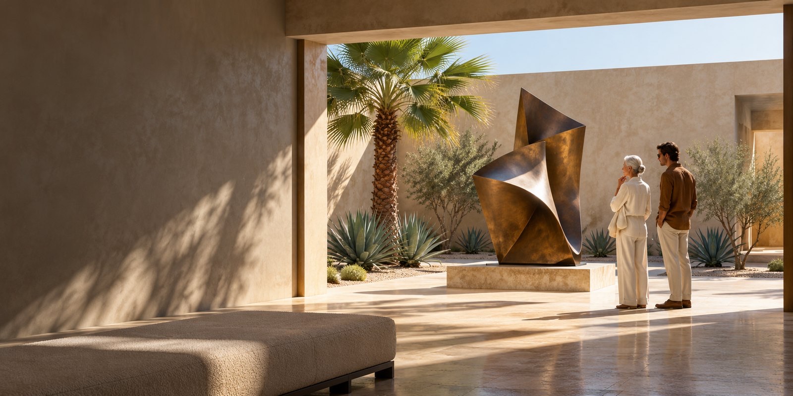 Two visitors studying a large bronze sculpture in a sunlit desert courtyard with fan palms and agave