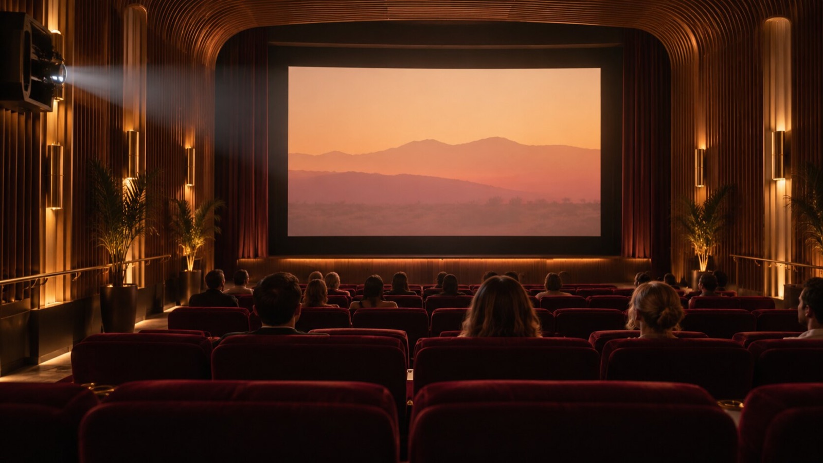 Conceptual cinema interior with burgundy seats, warm wood walls and a softly lit screen