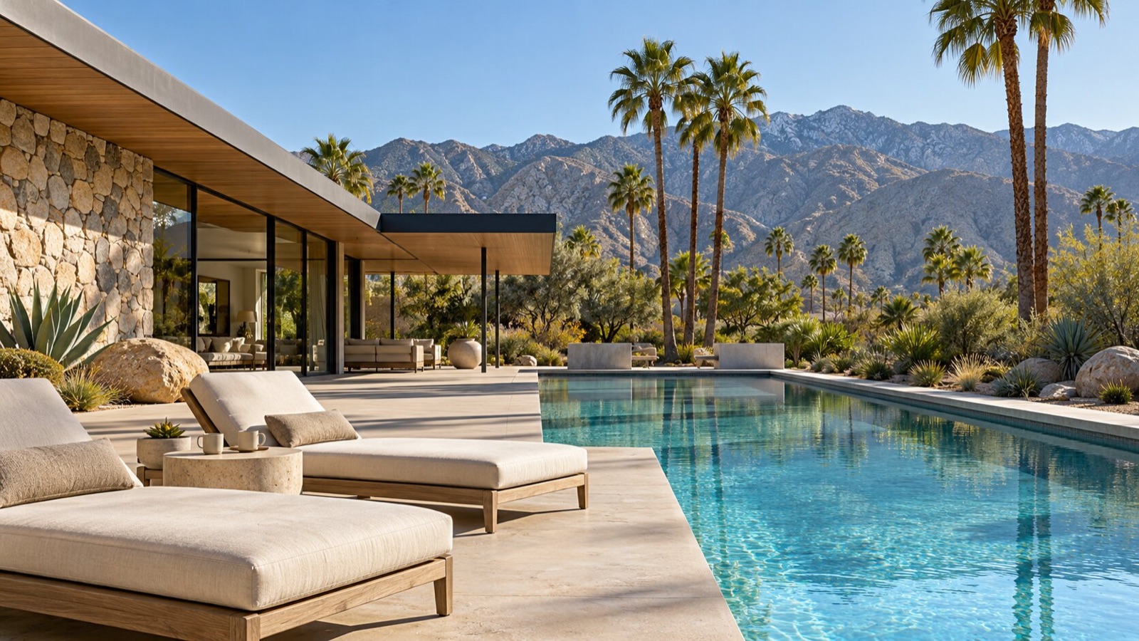 Illustrative Palm Springs retreat with a turquoise pool, cream loungers, palms and mountain views