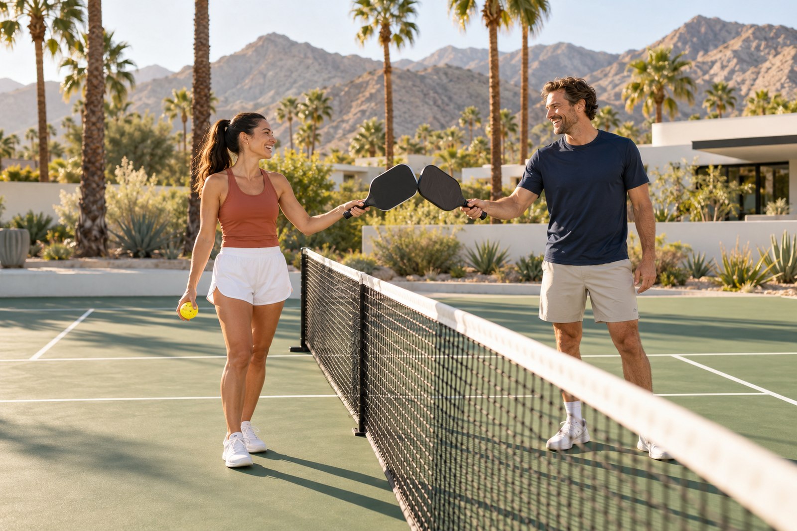 Two pickleball players tapping paddles across the net after a point, with palms and mountains behind