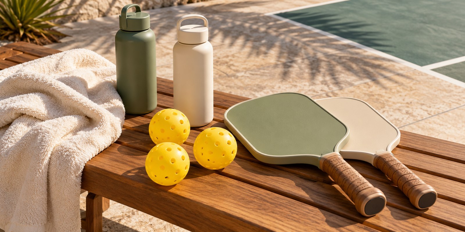 Sage and cream pickleball paddles, yellow balls, water bottles and a towel on a courtside bench