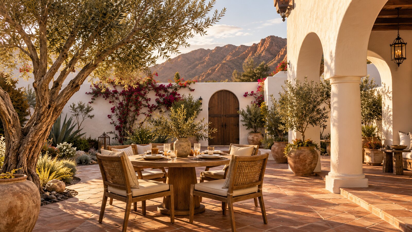 Spanish-inspired desert courtyard with shaded arches, an outdoor table and mountain views