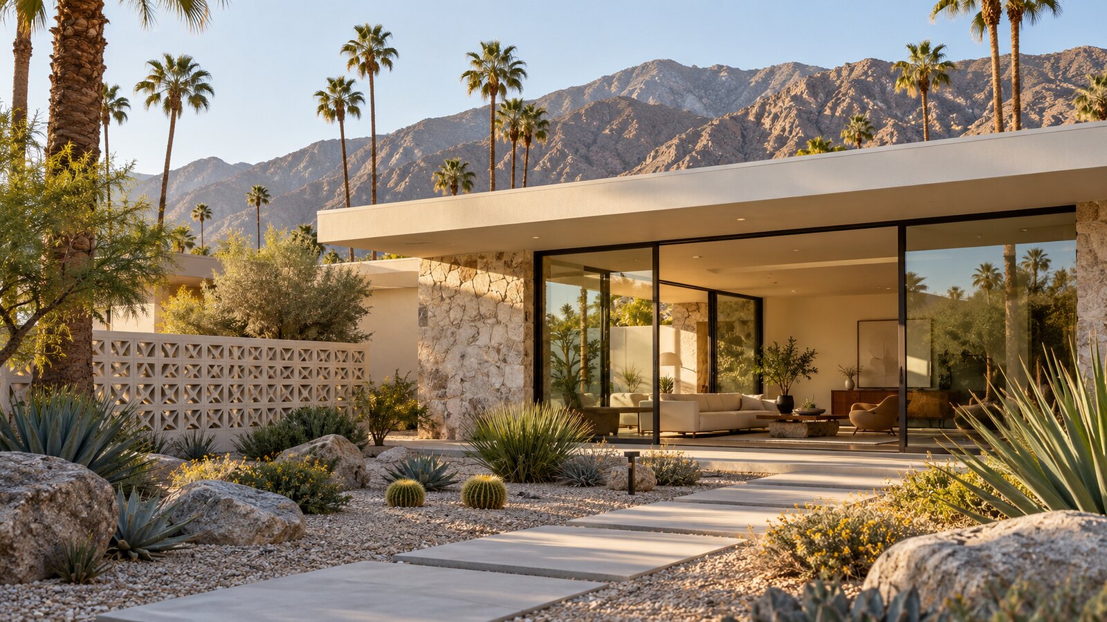 Desert modern house with a breeze-block screen, palms and a mountain backdrop