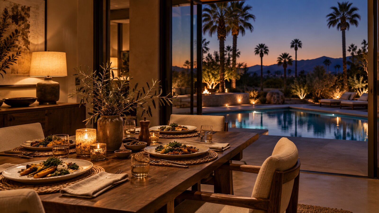 Intimate dinner table beside open glass doors overlooking a softly lit desert pool at dusk