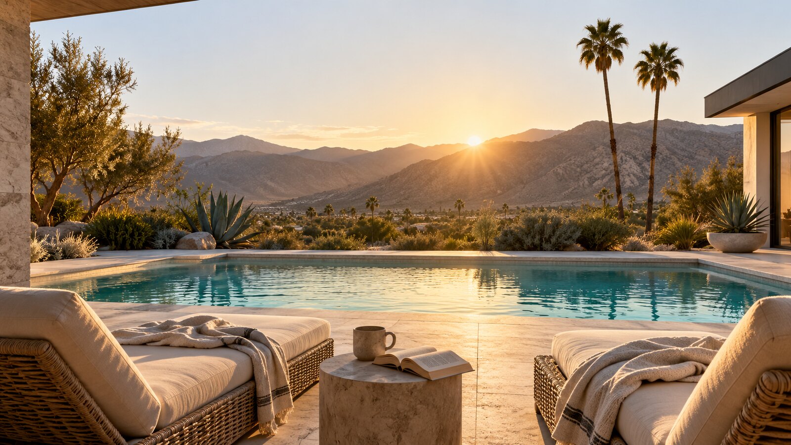 Lounge chairs, coffee and an open book beside a desert pool in golden light