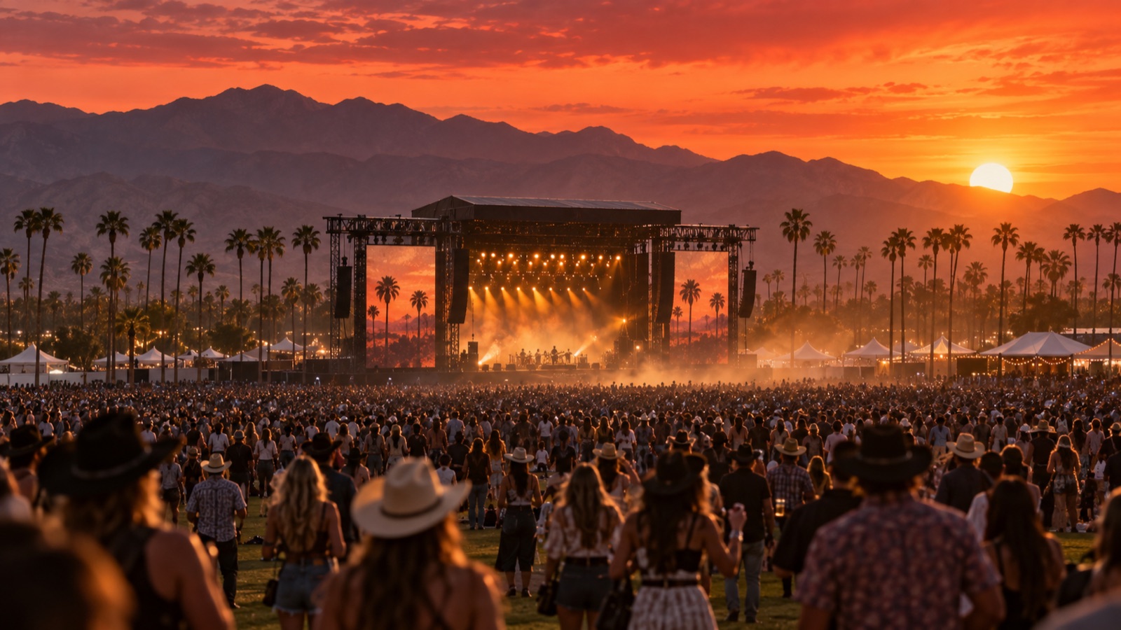 Sunset over the Coachella Valley, an orange sky above ground and mountains in silhouette