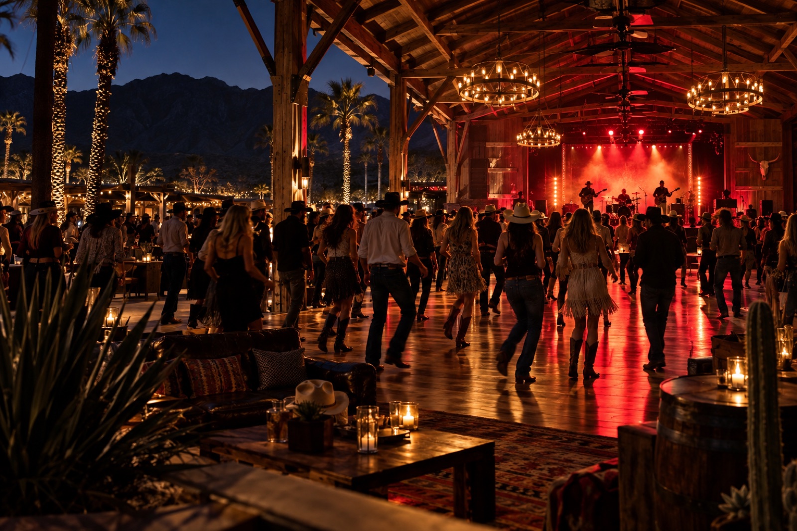 Festivalgoers line dancing in a warmly lit open-air desert honky-tonk at night