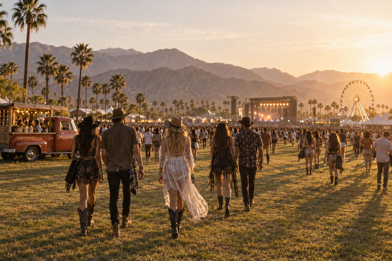 Country music fans walking across the Empire Polo Club fields toward festival stages at golden hour