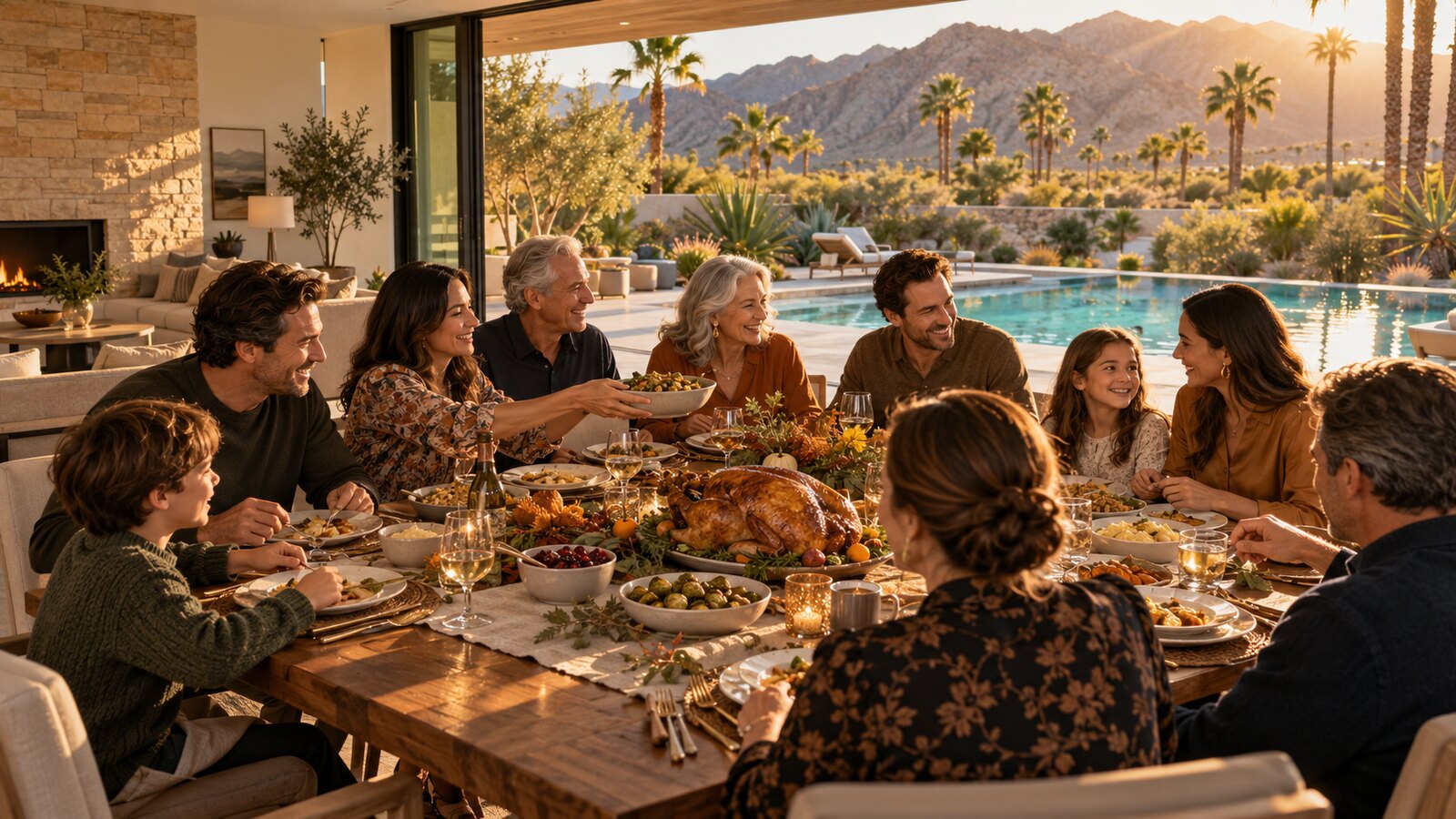 Multigenerational family sharing Thanksgiving dinner with glass doors open to a desert pool