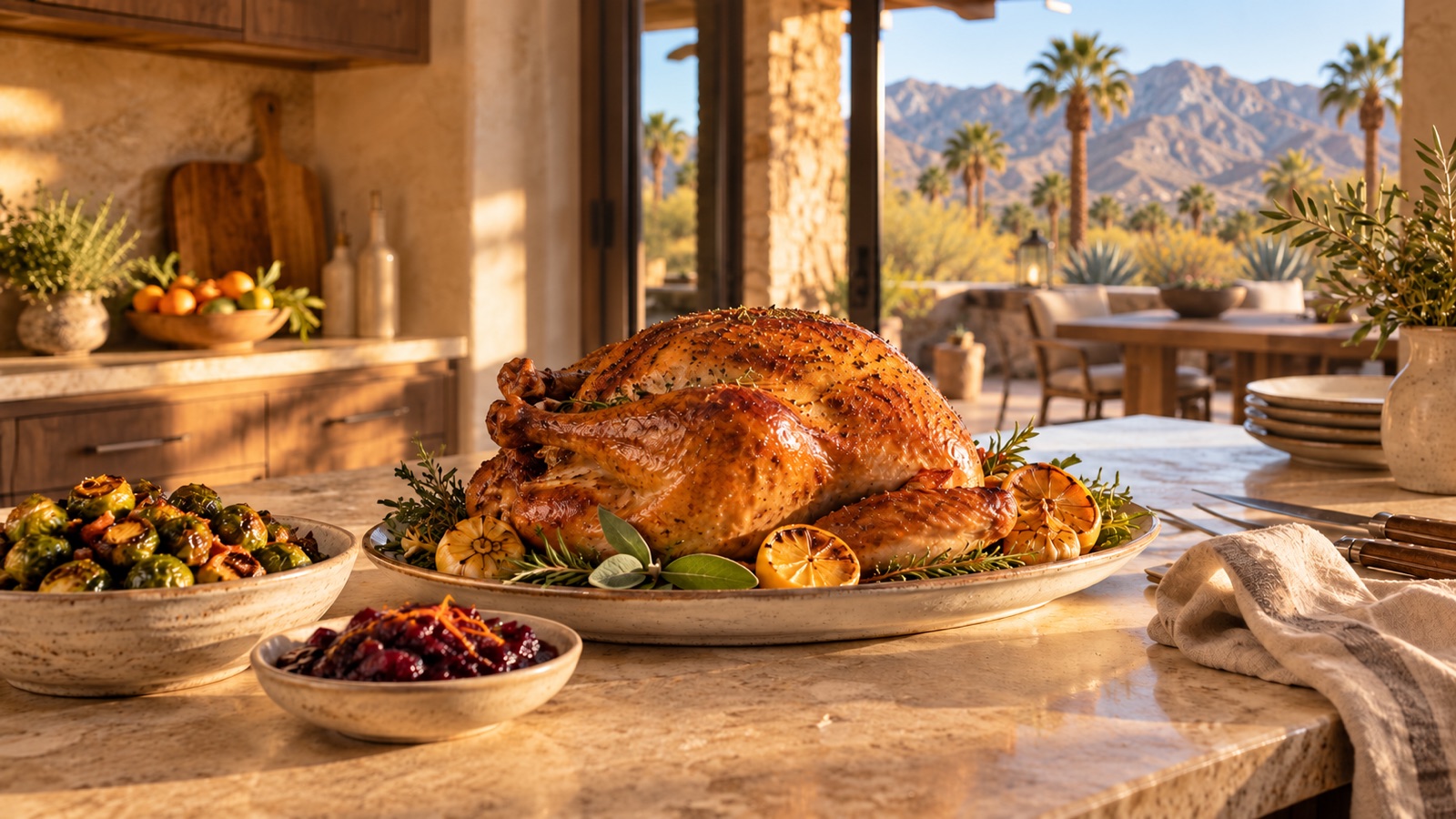 Roast turkey, seasonal side dishes and ceramic serving pieces in a sunlit desert kitchen