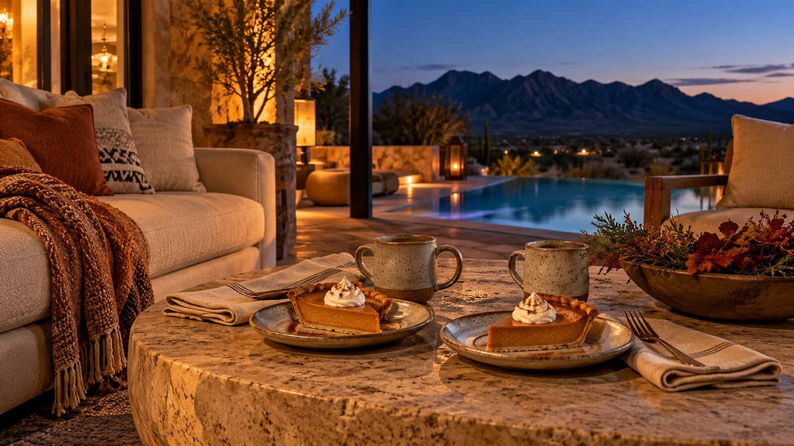 Pumpkin pie and coffee on a warmly lit desert terrace beside a pool at dusk