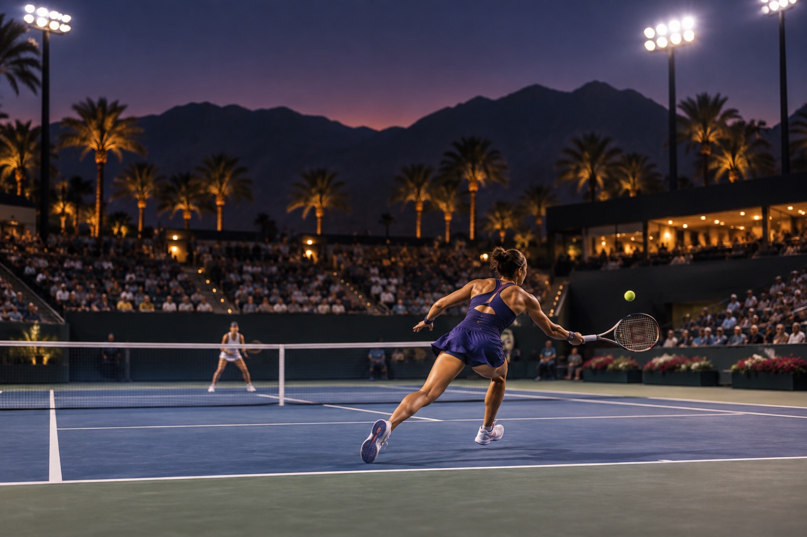 A player stretching for a forehand under floodlights at Indian Wells, palms and mountains dark behind the court