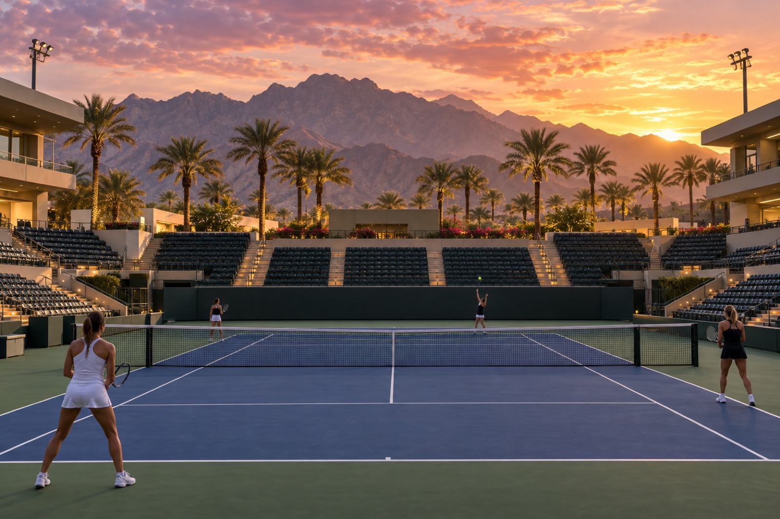 An outer court at the Indian Wells Tennis Garden at sunset, empty terraced seating, palms and mountains