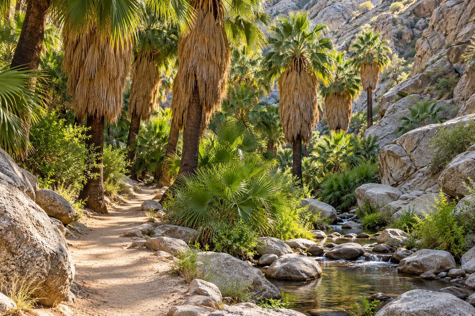 Fan palms and a creek in a rocky desert canyon