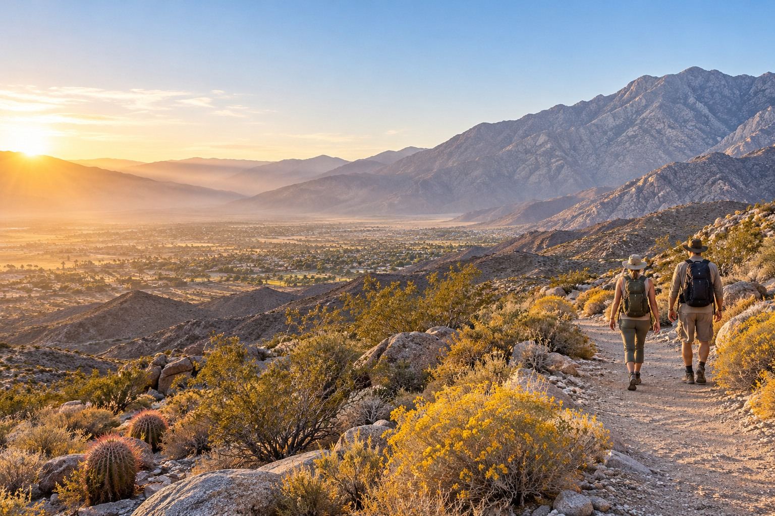 Two hikers on a sunlit desert trail above a broad valley