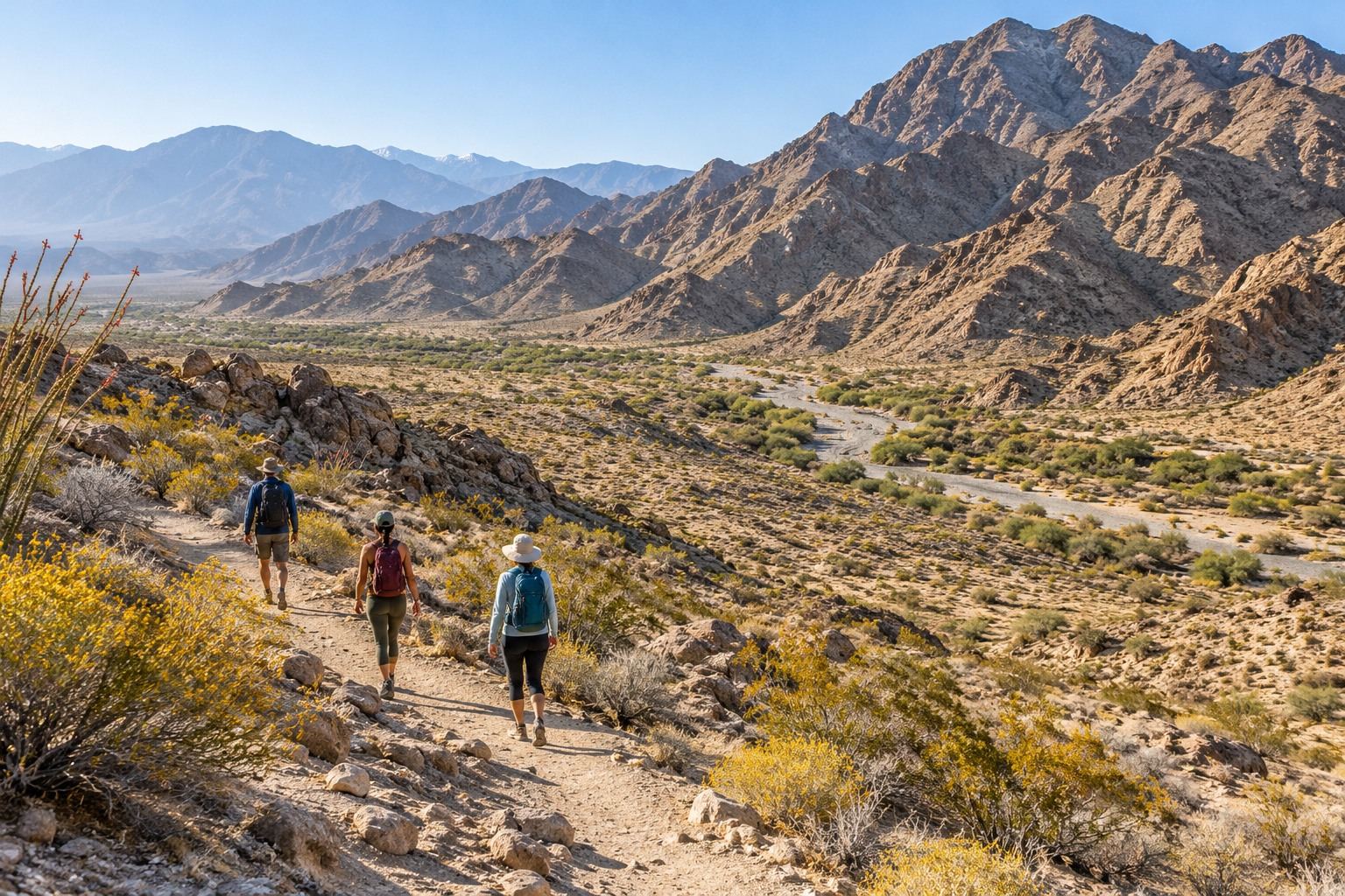 Three hikers on a desert foothill trail