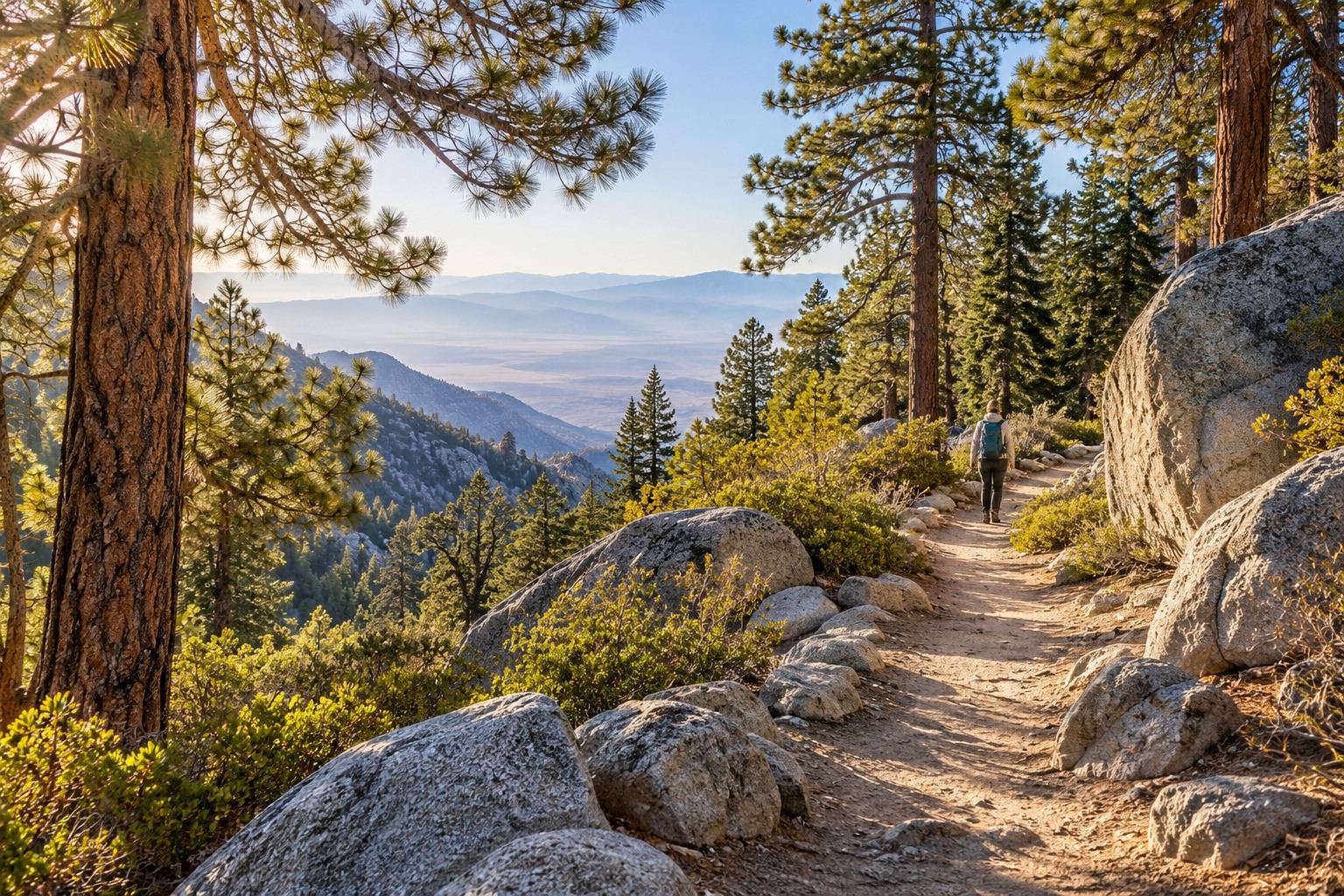 A hiker on a pine-forest path with a distant desert view