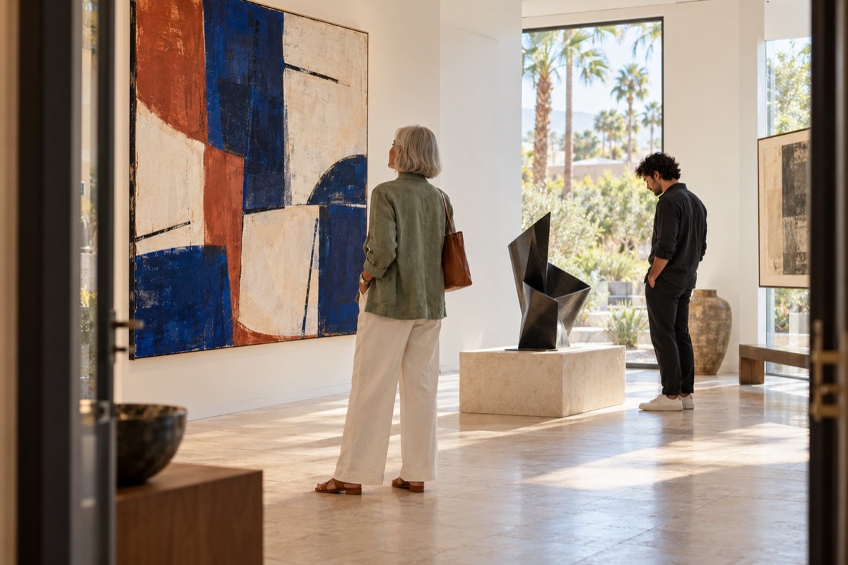 Two visitors in a light-filled gallery with a large abstract painting and a dark metal sculpture