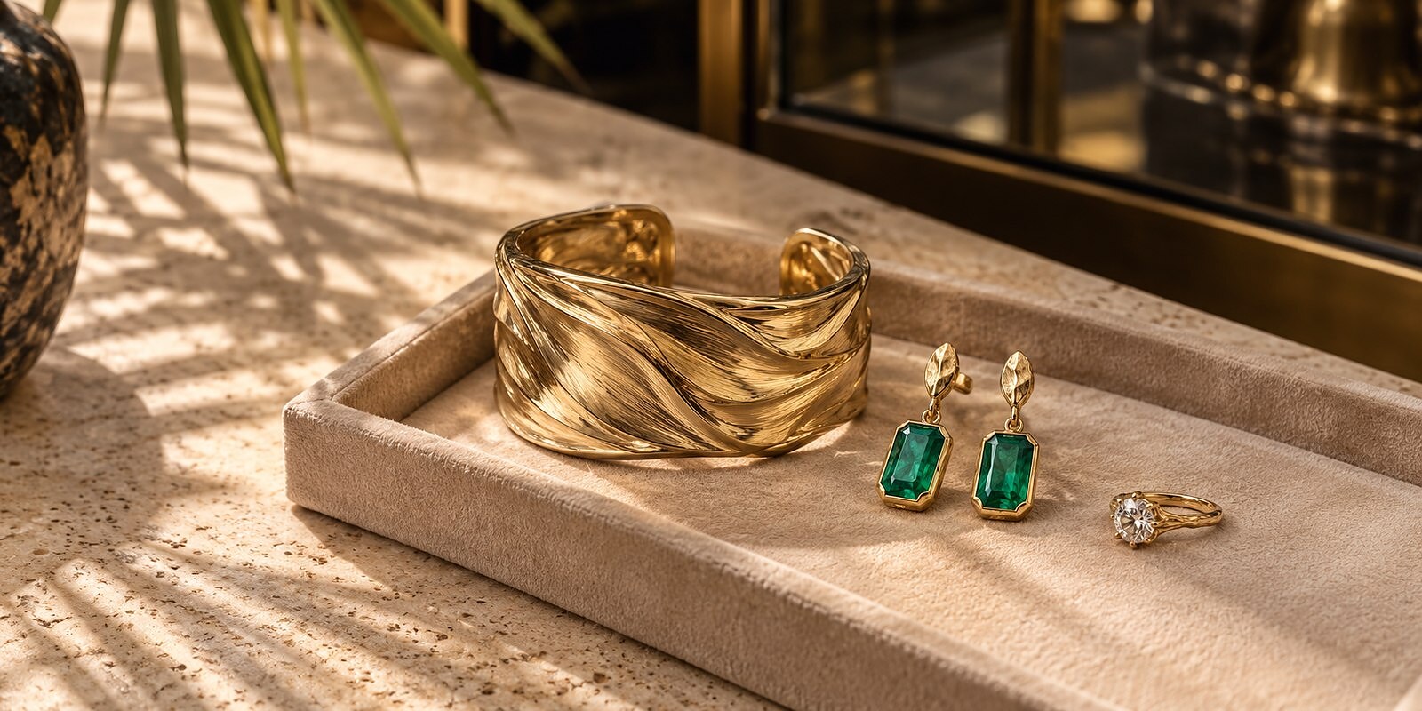 A gold cuff, emerald drop earrings and a diamond ring on a suede tray in dappled light