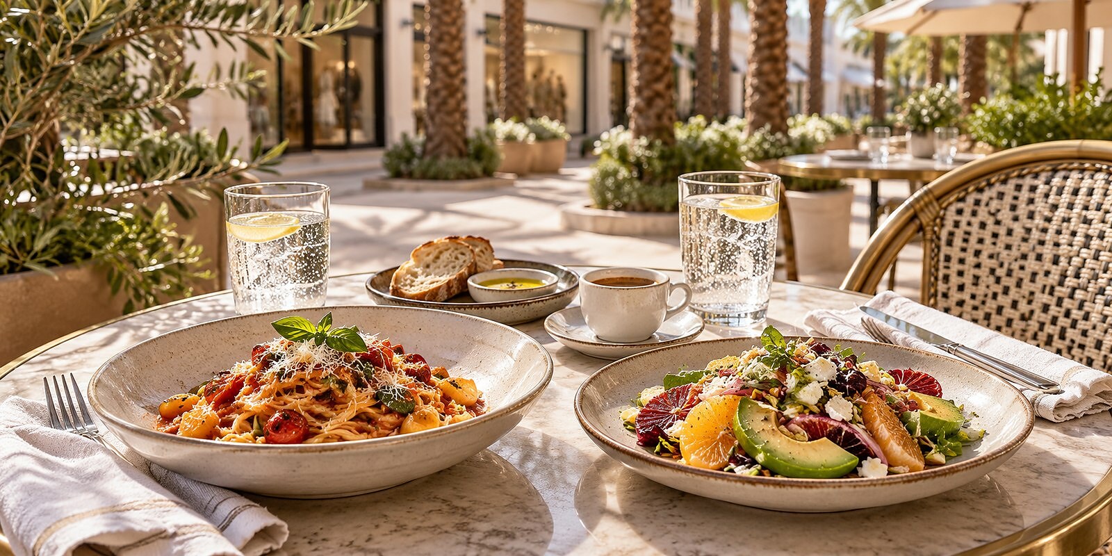 Pasta and a citrus avocado salad with sparkling water on a marble table on a shaded shopping-street patio