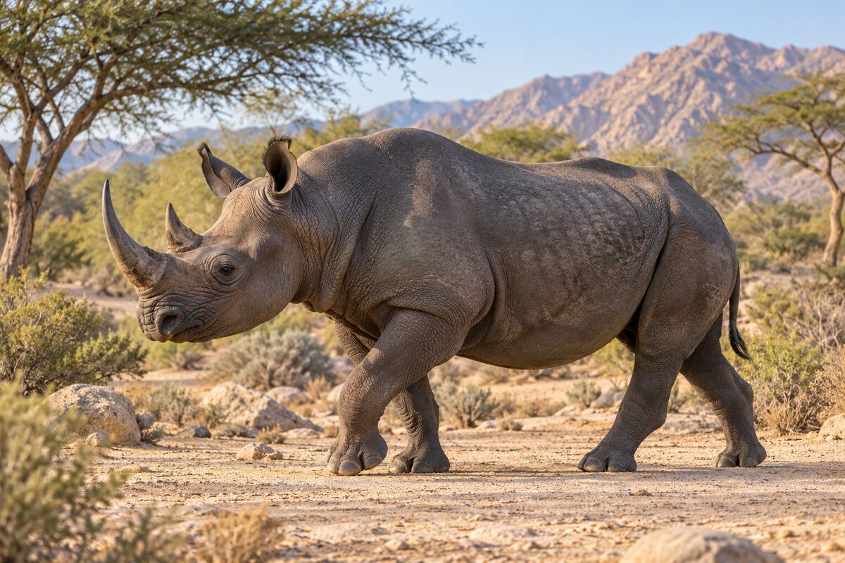 A black rhinoceros walking across a dry, sunlit landscape beneath acacia trees