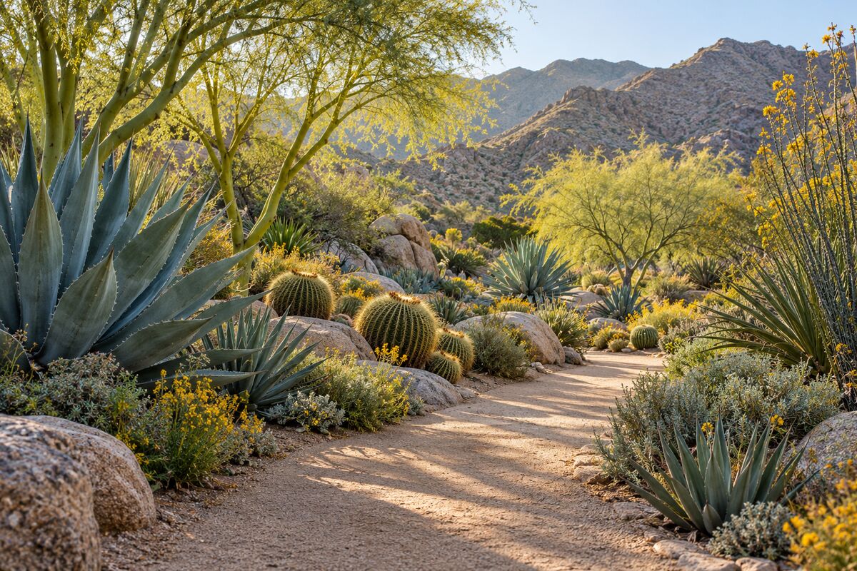 A sandy garden path winding between agaves, barrel cacti, palo verde and ocotillo, with mountains beyond