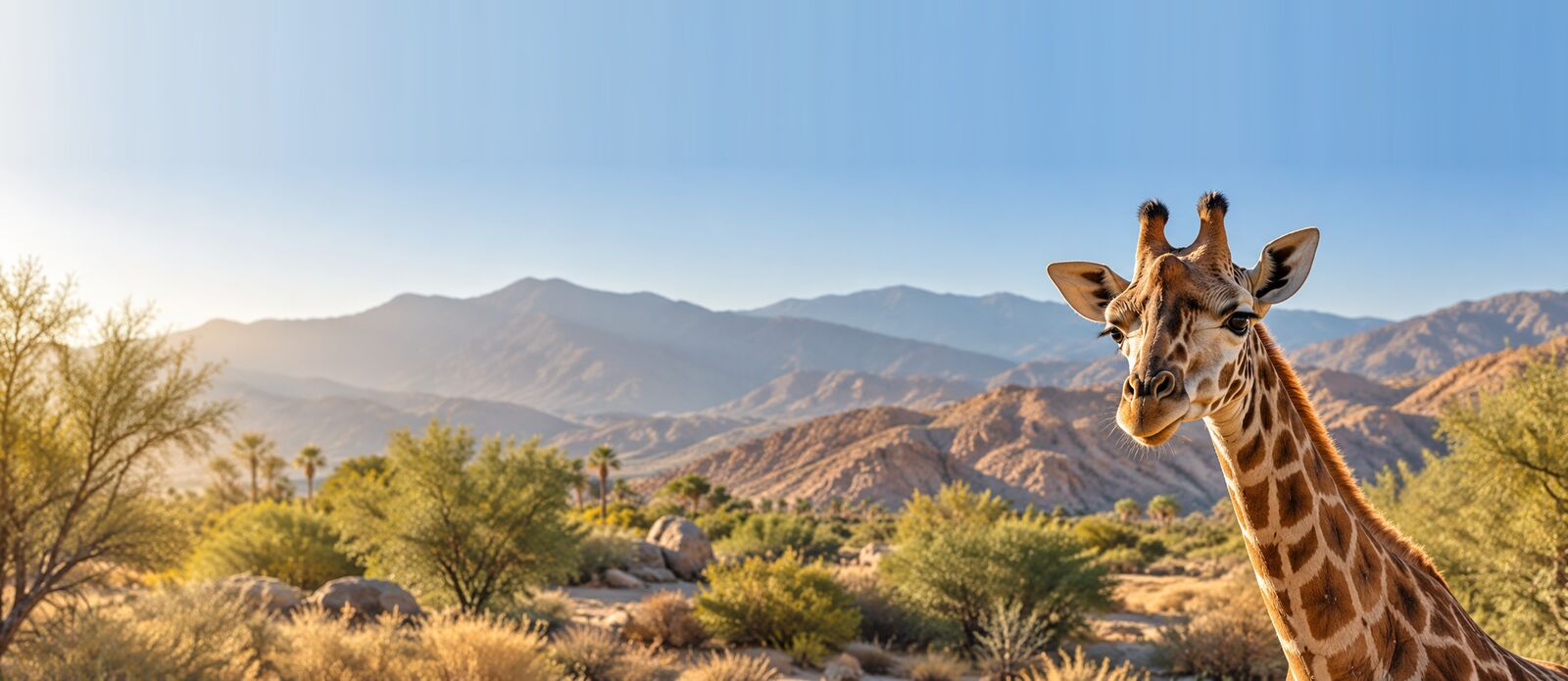 A giraffe looking out over desert scrub and palms, with rugged mountains behind in warm morning light