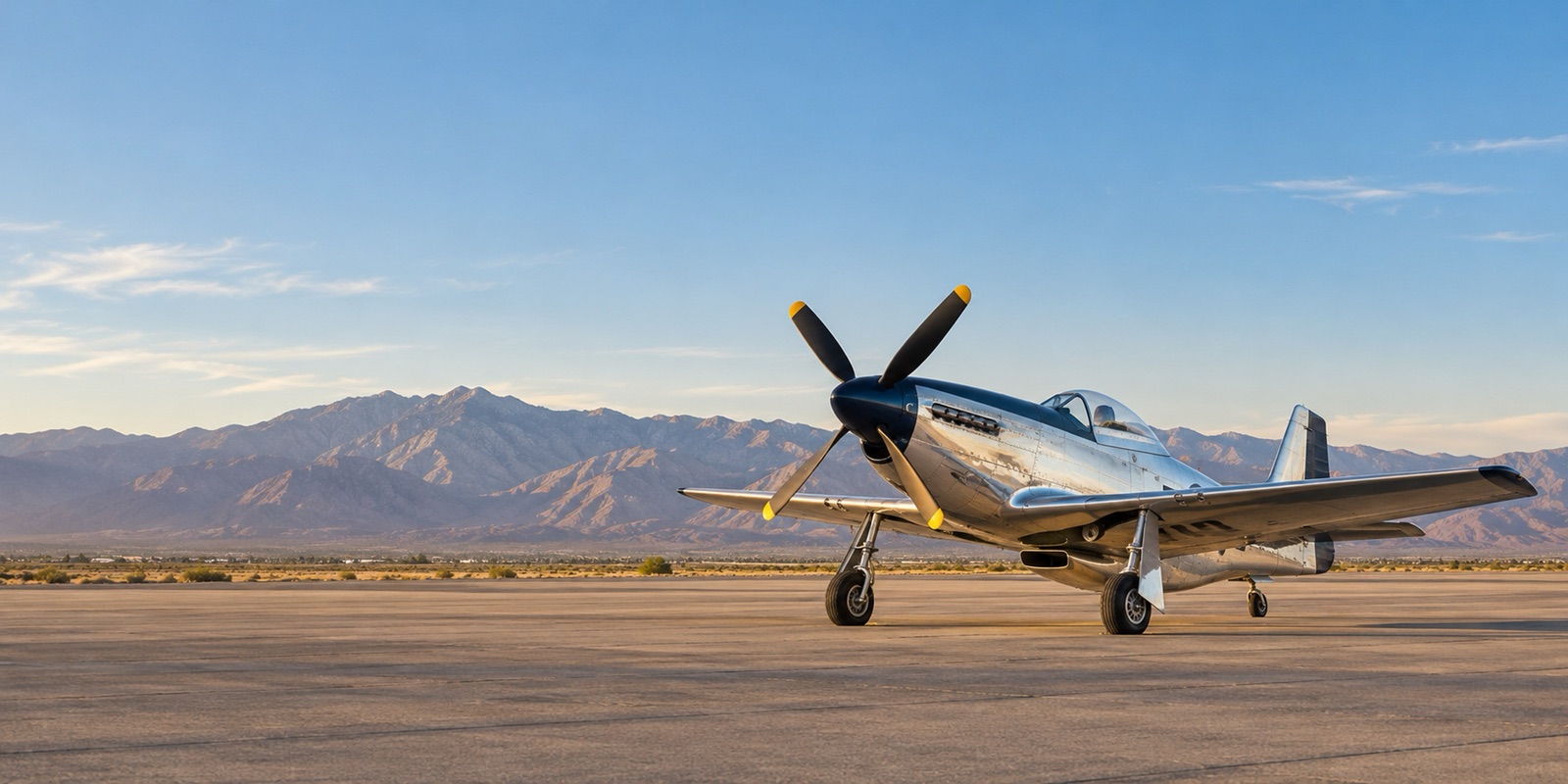 A polished silver propeller fighter parked on a desert apron with mountains behind in the late-afternoon sun