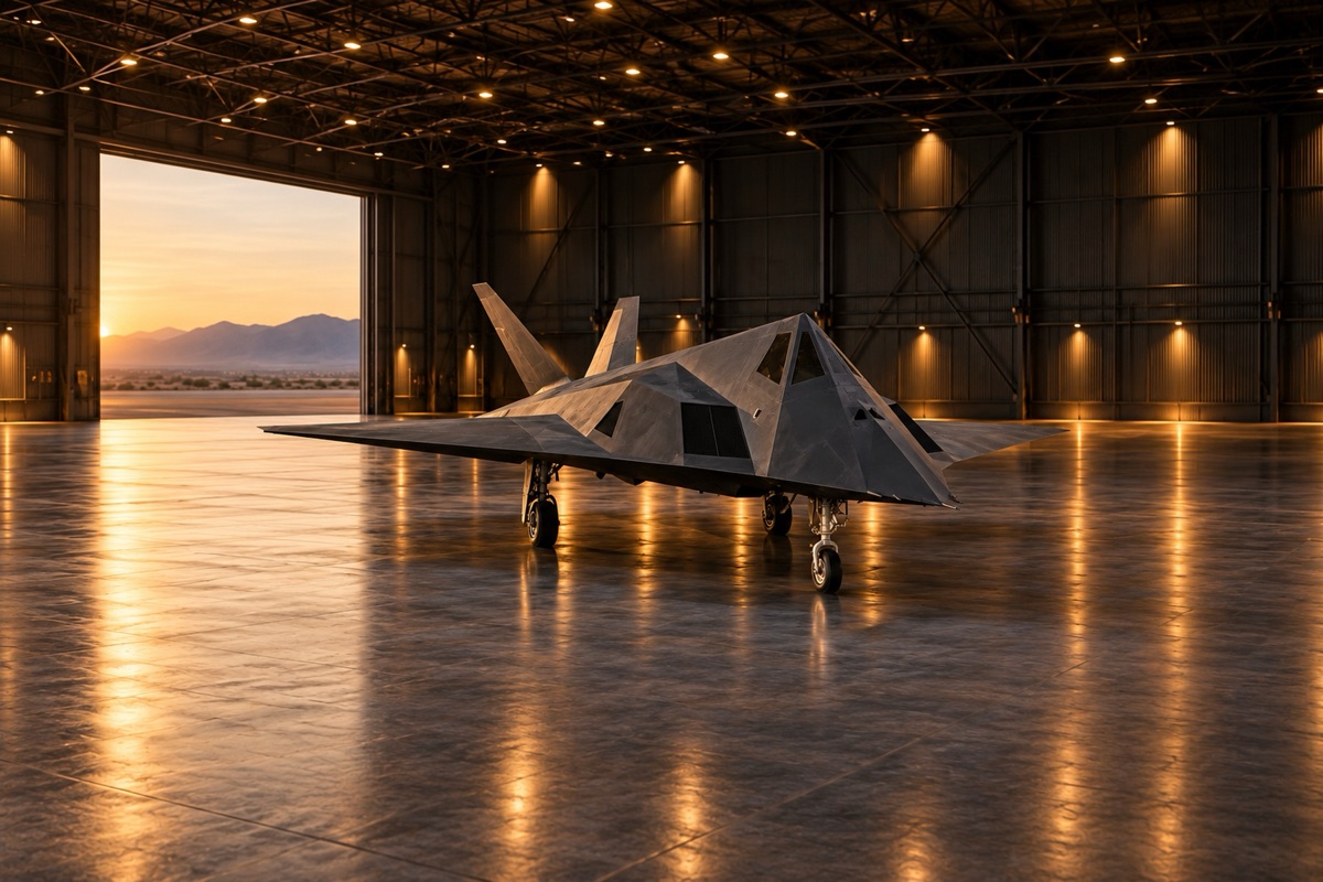 An angular grey stealth jet in a dim hangar, with sunset and mountains through the open doors